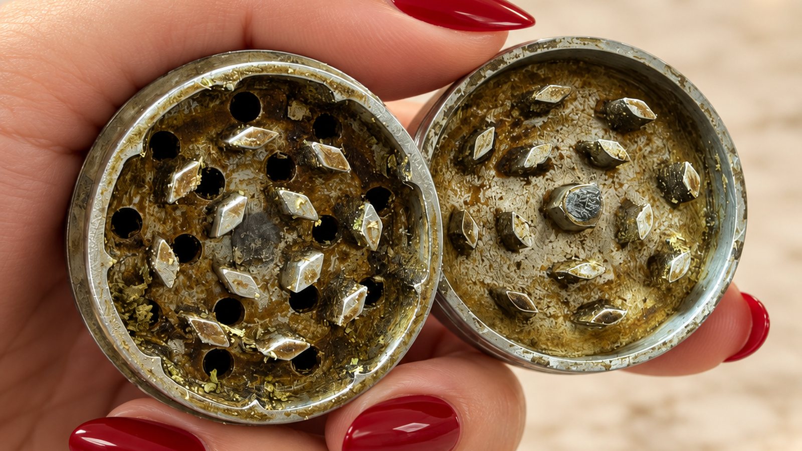 Both halves of a manual herb grinder with the teeth clogged by sticky brown residue