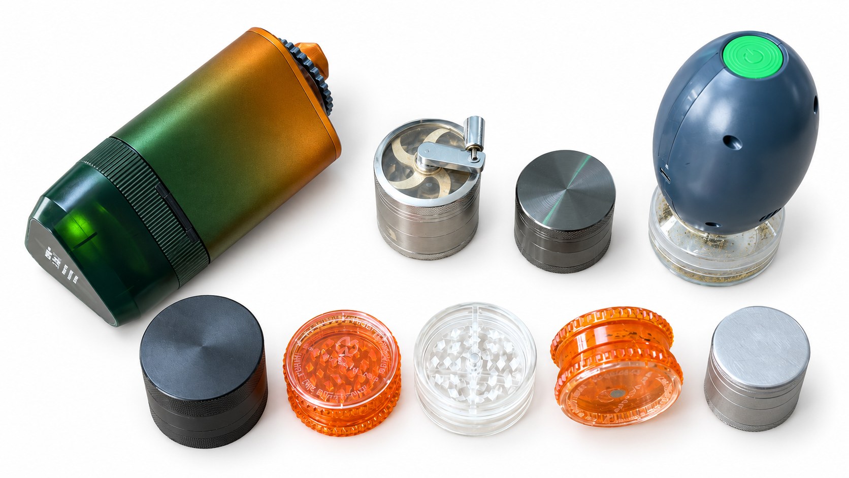 Electric, hand-crank and manual twist herb grinders on a white background