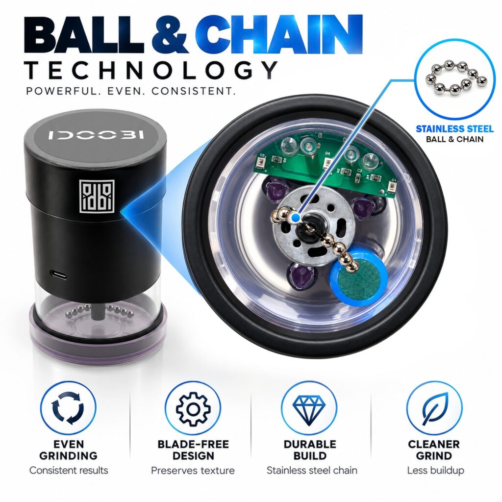 Close-up of the stainless steel ball chain inside the idoobi electric herb grinder