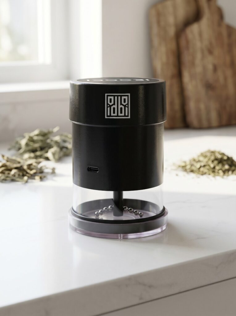 idoobi electric herb grinder on a kitchen counter with dried herbs