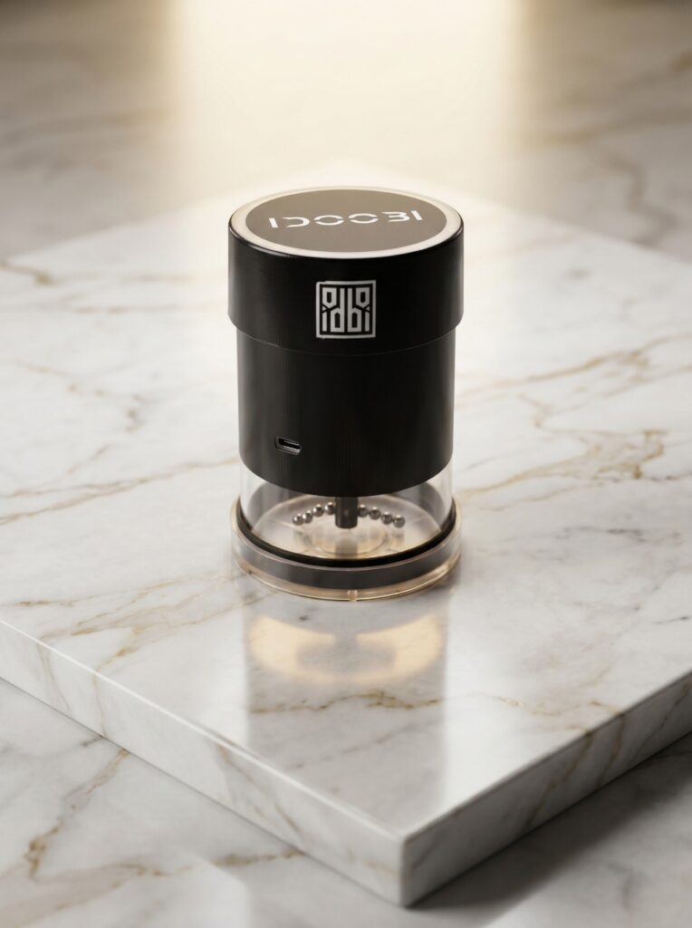 idoobi electric herb grinder on a white marble slab