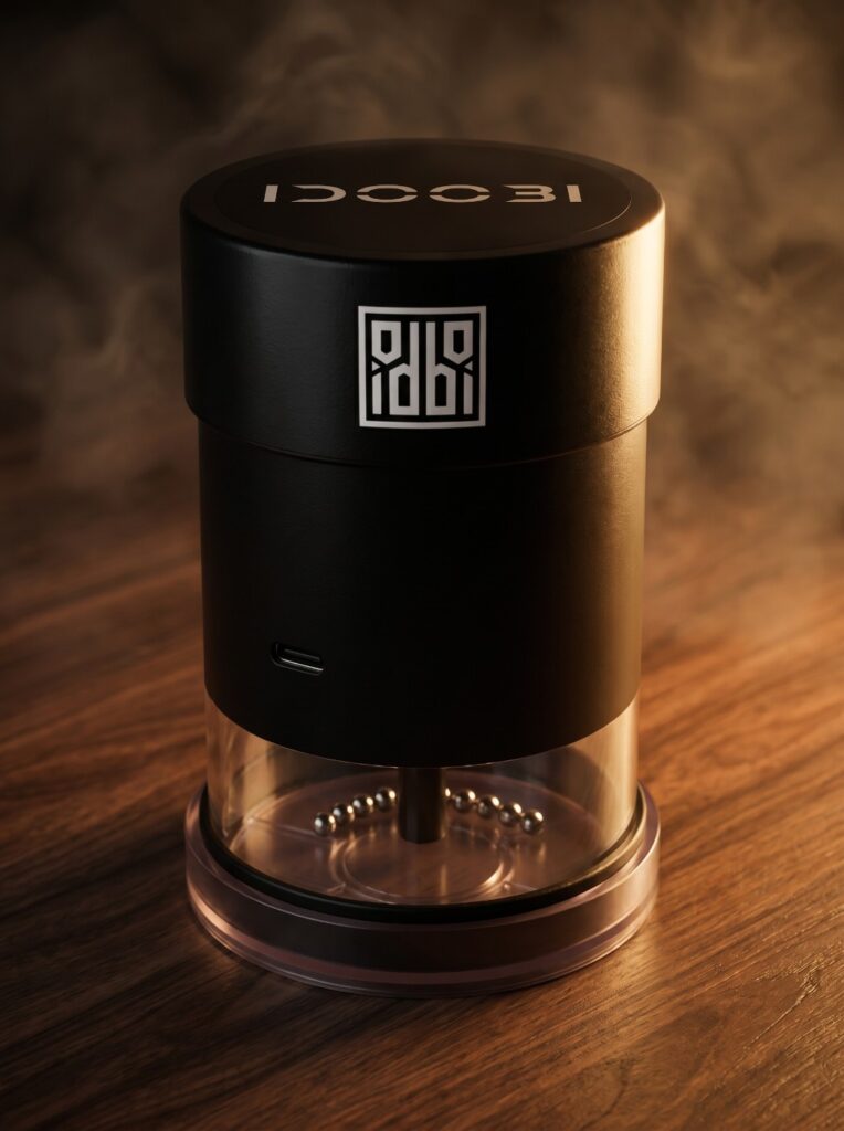 Close-up of the idoobi electric herb grinder on a wooden table