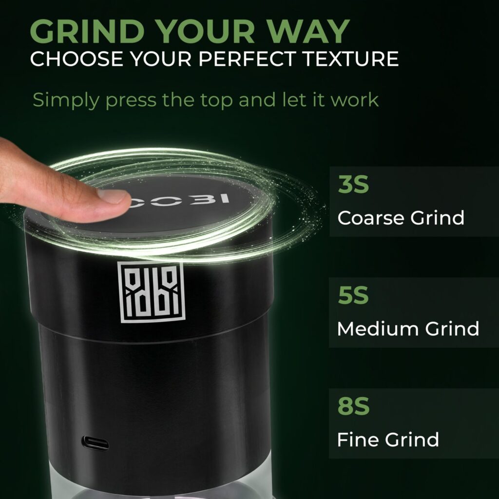 idoobi grind settings: hold 3 seconds for coarse, 5 seconds for medium, 8 seconds for fine