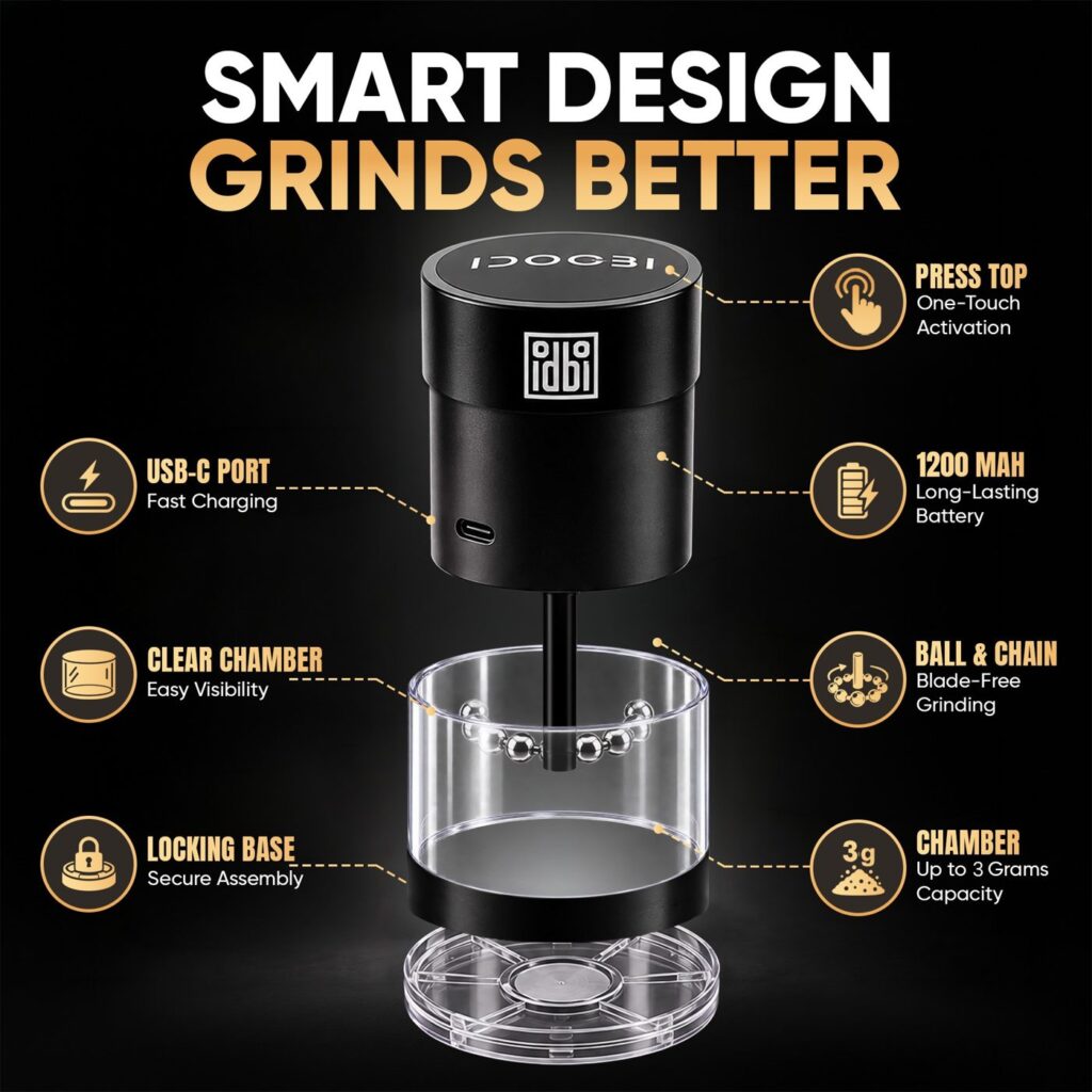 Labelled diagram of the idoobi electric herb grinder parts: press top, battery, USB-C port, clear chamber, ball chain and base