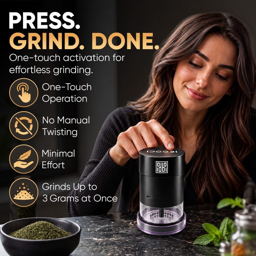 Press and hold the top of the idoobi to grind