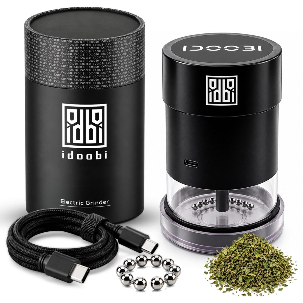 Everything in the idoobi box: electric herb grinder, USB-C charging cable, spare stainless steel grinding chain and dried herbs